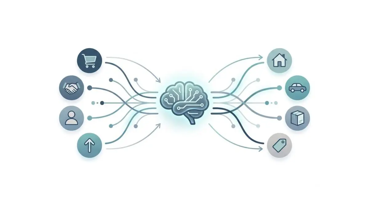 AI brain connecting buyers and sellers with icons for shopping, deals, and products.