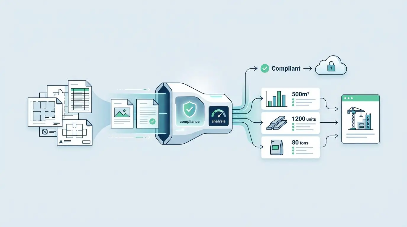 Automated document compliance and takeoff analysis for AI in construction project management.