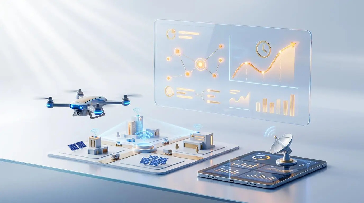 Drone monitors construction site with AI predictive scheduling dashboard.