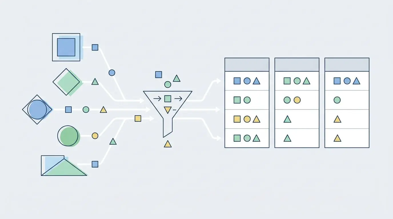 AI content creation process: data extraction via funnel, then modular comparison tables.