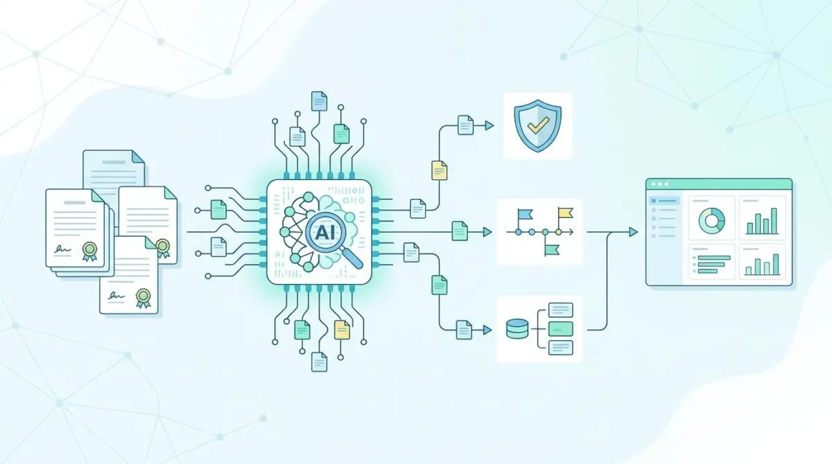 AI processing contracts for CLM efficiency, visualized as a circuit board. Best AI tools for CLM.