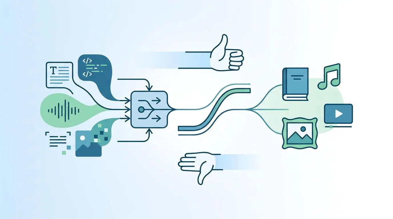 AI processing text, audio, and image inputs to generate copyright-compliant creative content.