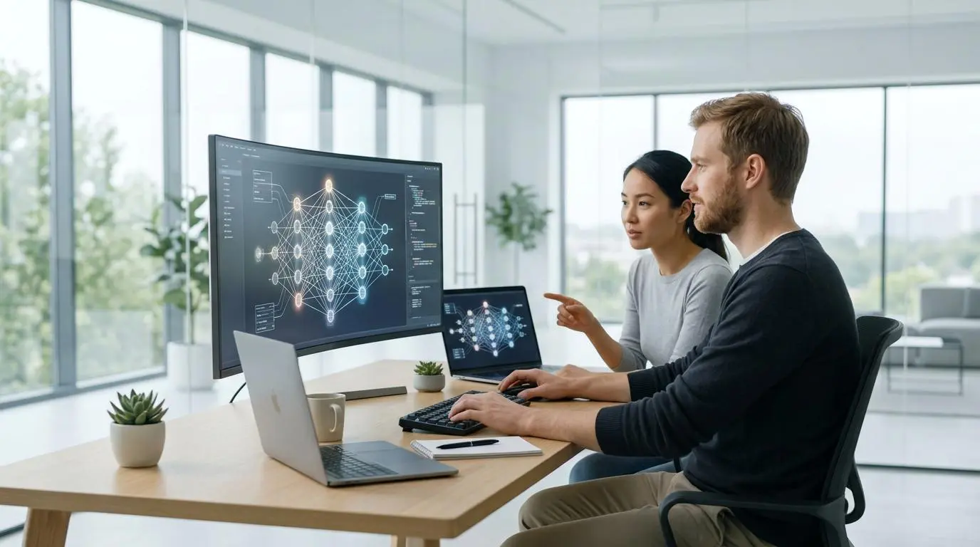Developers collaborating on AI models, leveraging NVIDIA Blackwell GPU architecture.