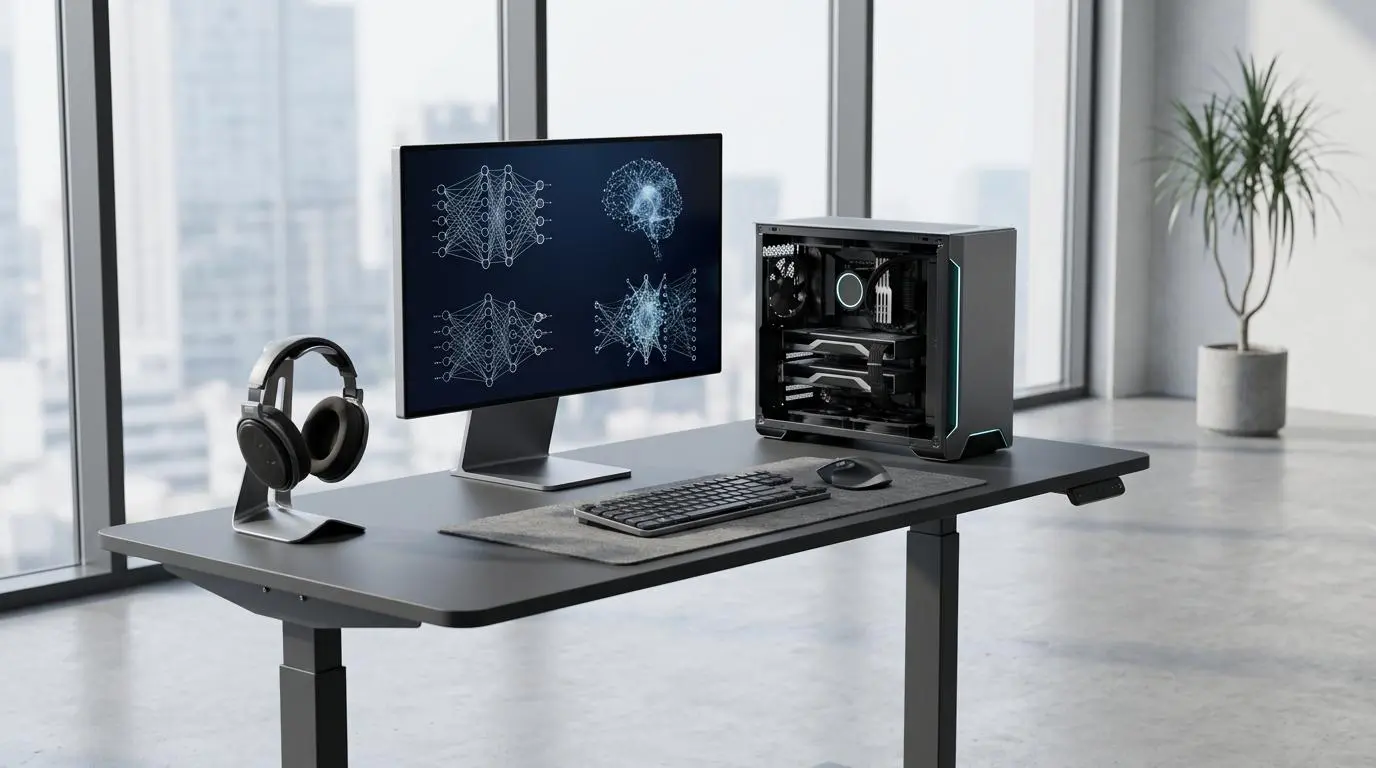 Compact AI workstation with AMD Instinct accelerators and neural network displays.