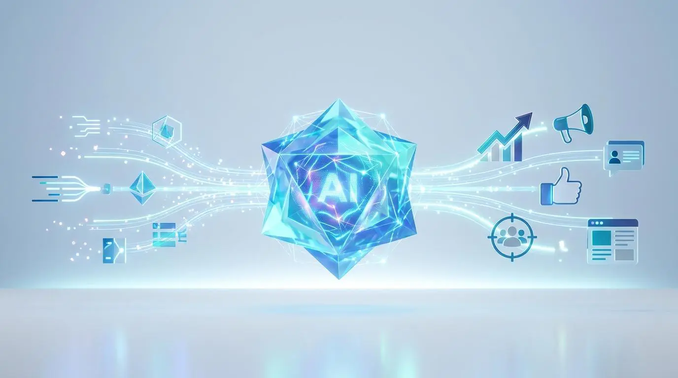 Central AI gem connected to digital marketing icons: growth chart, megaphone, thumbs up, targeting.