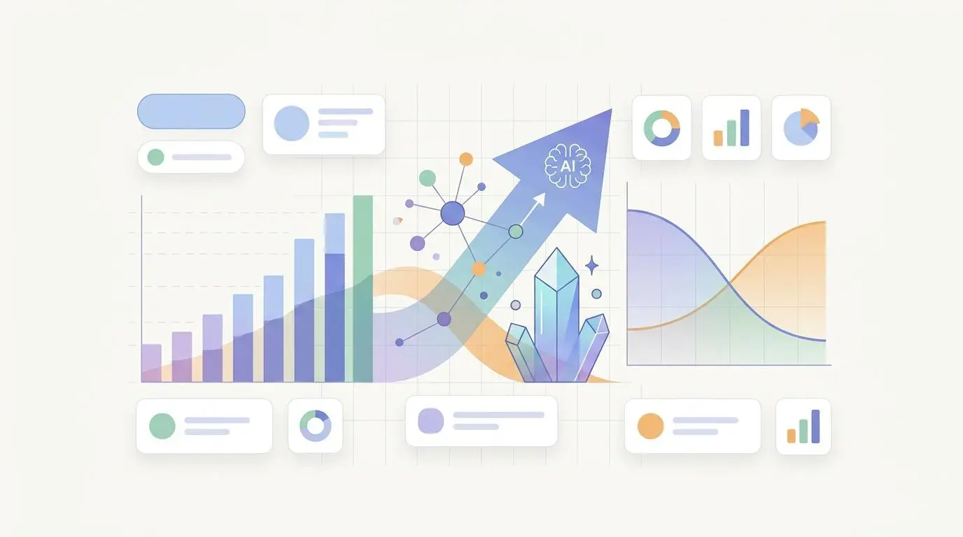 Data dashboard visualizing AI discovery shift metrics with upward trends and charts.