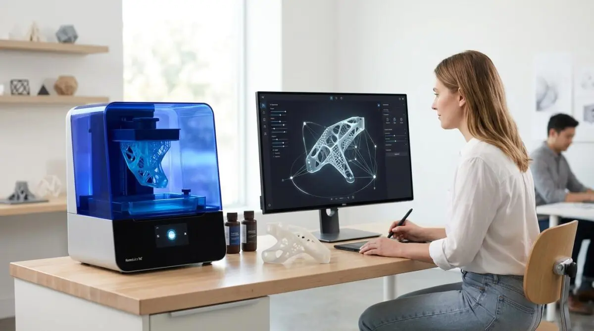 AI generative design software on computer screen assisting with intricate 3D prototype for custom orders.