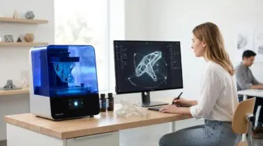 AI generative design software on computer screen assisting with intricate 3D prototype for custom orders.