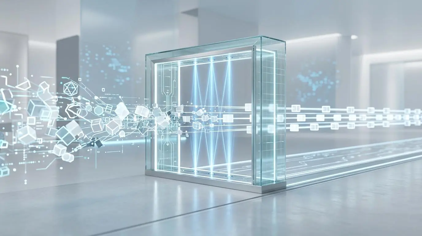 IBM watsonx AI Governance: Digital guardrail system scanning complex model output in real-time.