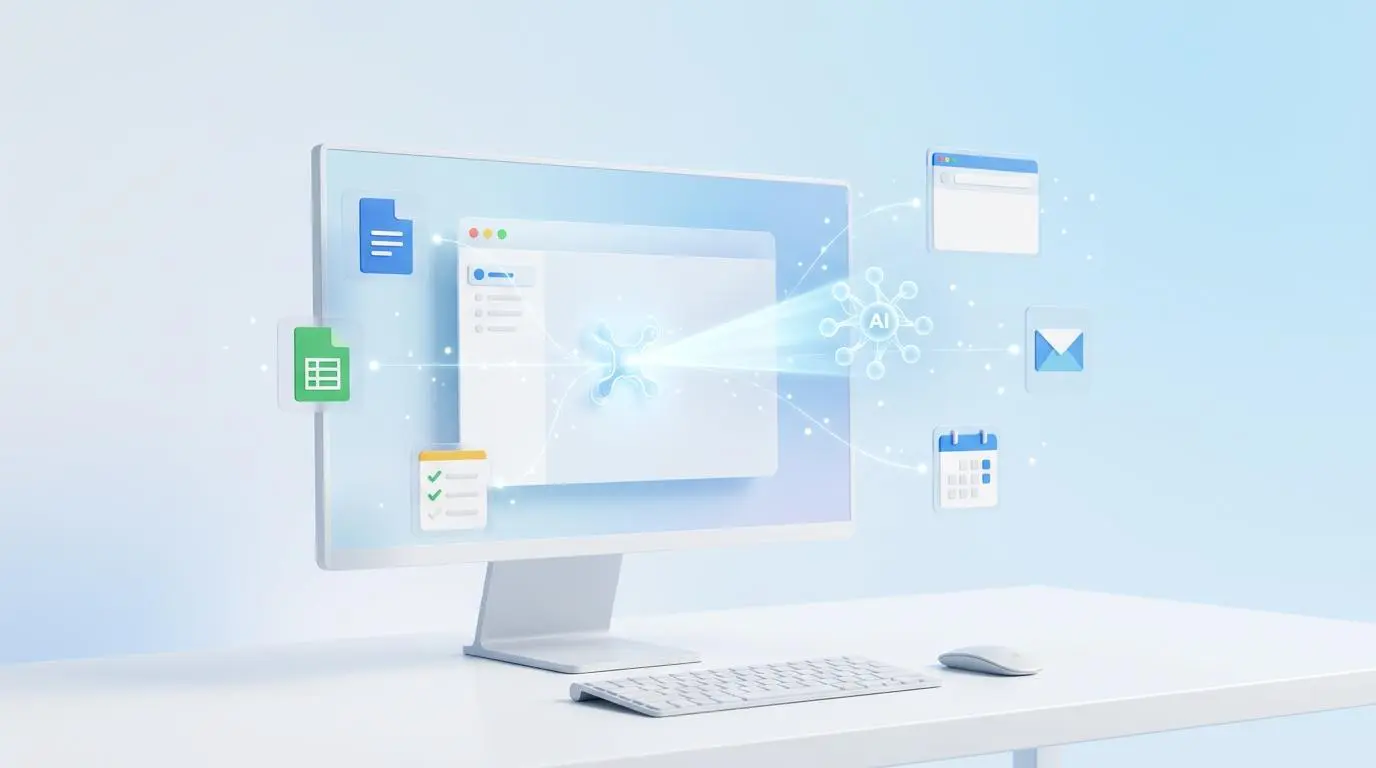 Desktop computer screen displaying AI integration with task, document, email, and calendar icons for remote collaboration SaaS.