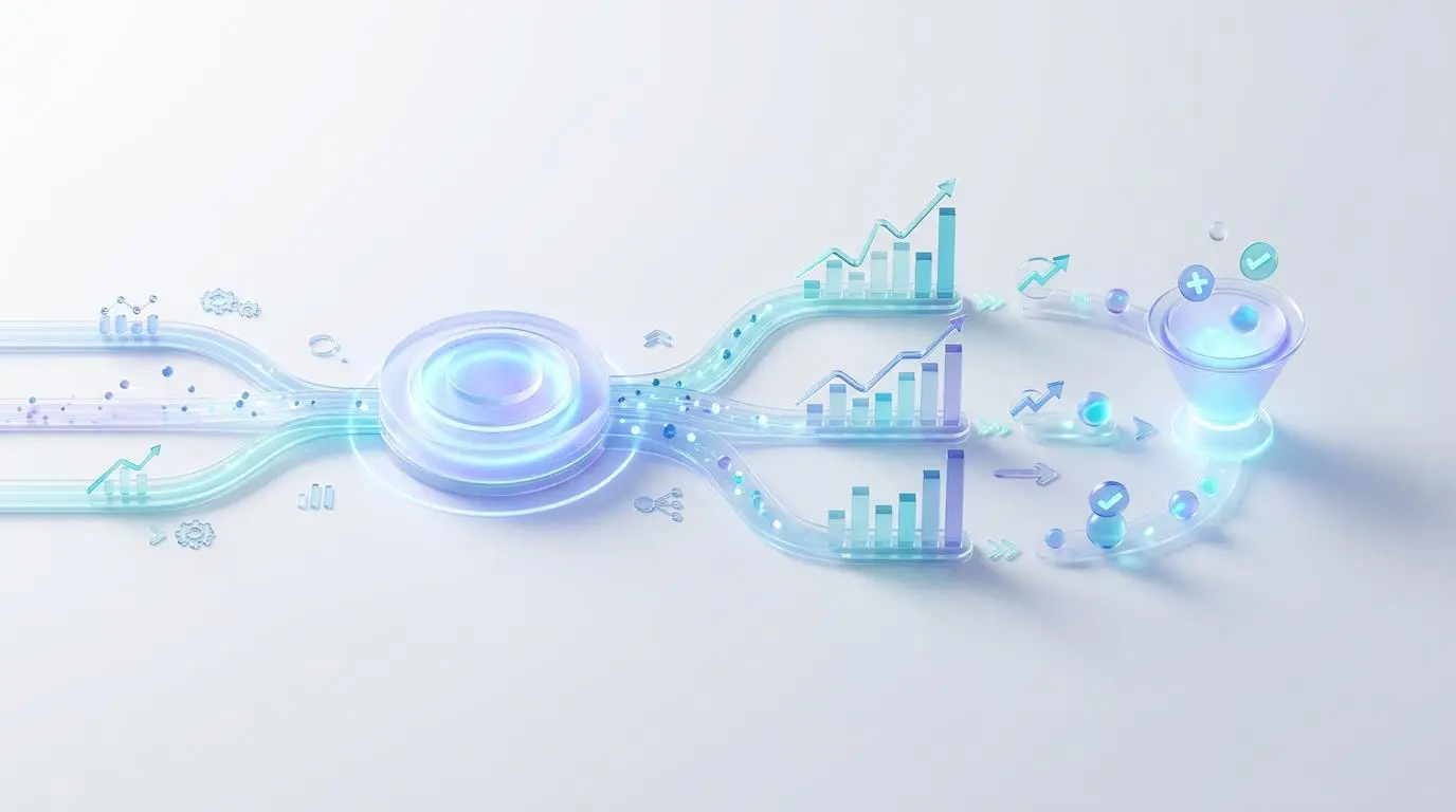 AI overview and conversion metrics dashboard visualizing future of search engine success.