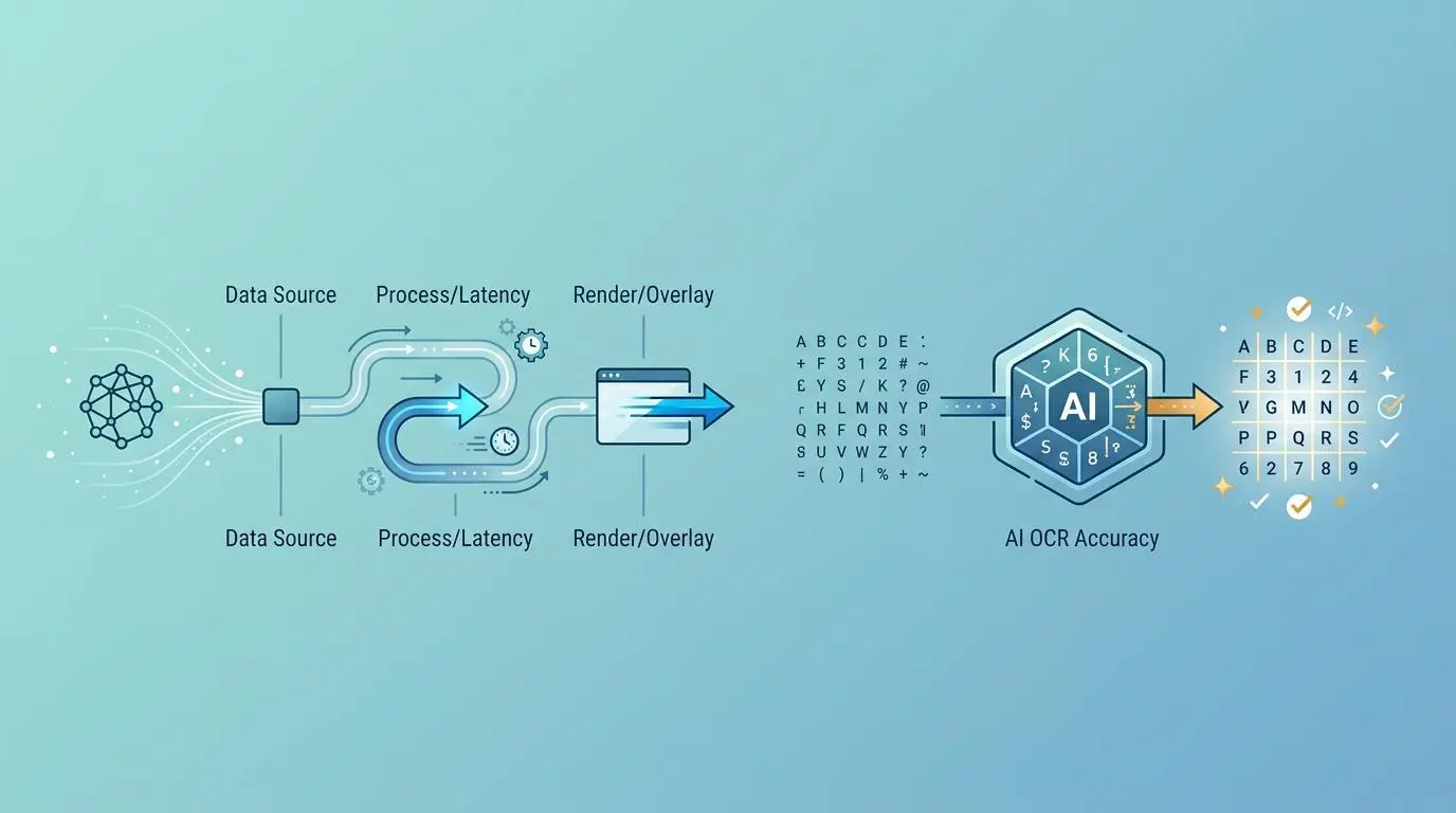 AI OCR accuracy visualizes data processing, latency, and rendering for text-heavy image overlays.