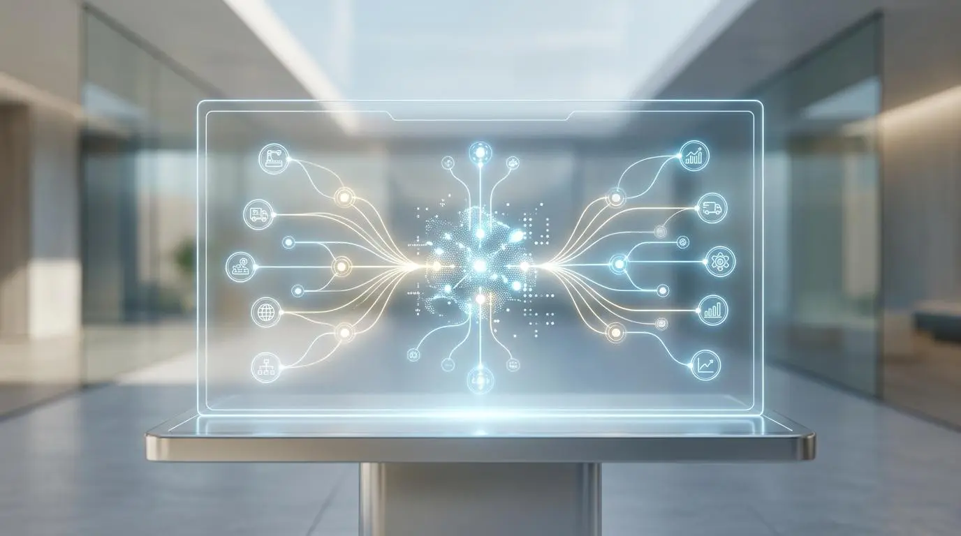 AI orchestrator graphic connecting buyers and sellers with business icons for effective matching.