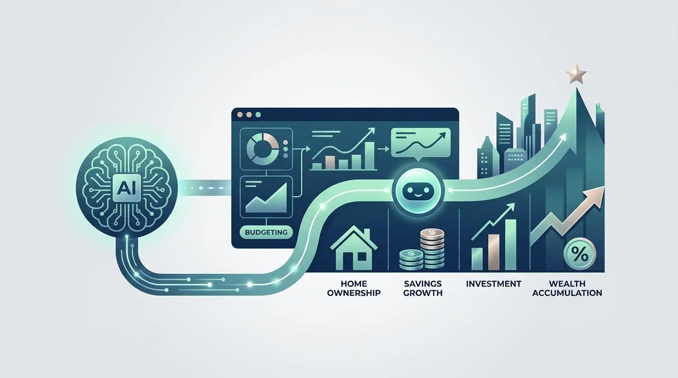 Futuristic AI guides personal finance, illustrating budgeting to wealth accumulation.