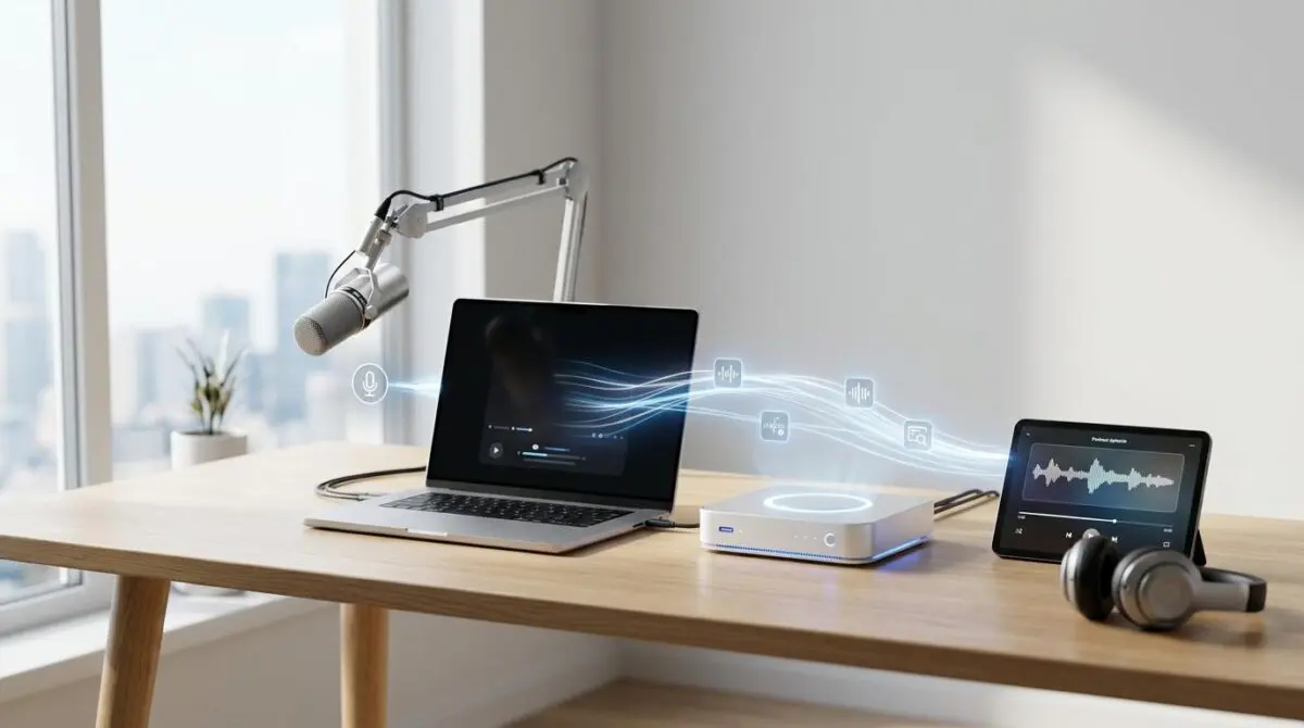 Automated AI podcast production workflow with microphone, laptop, and tablet showing waveforms.
