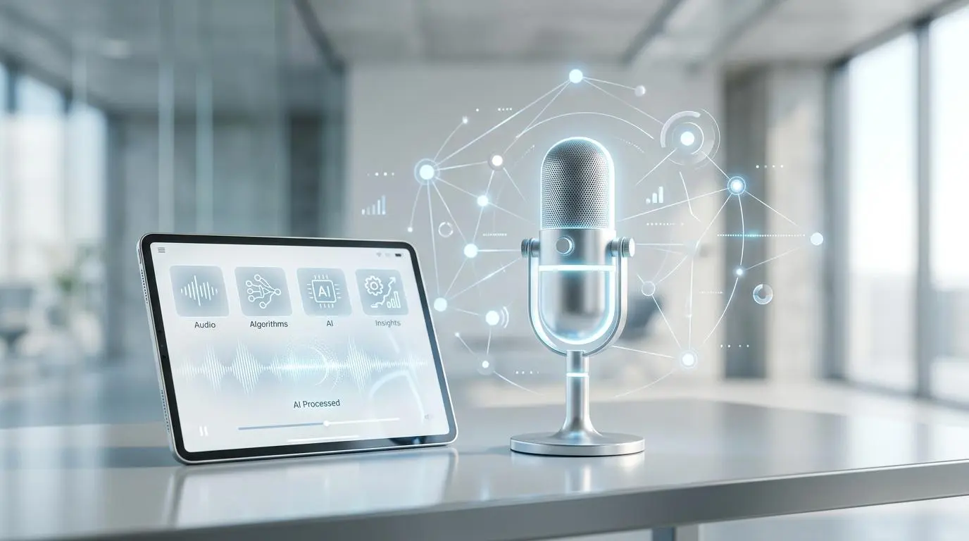 Enterprise AI podcast services using a tablet with AI icons and a microphone, demonstrating AI podcast creation.
