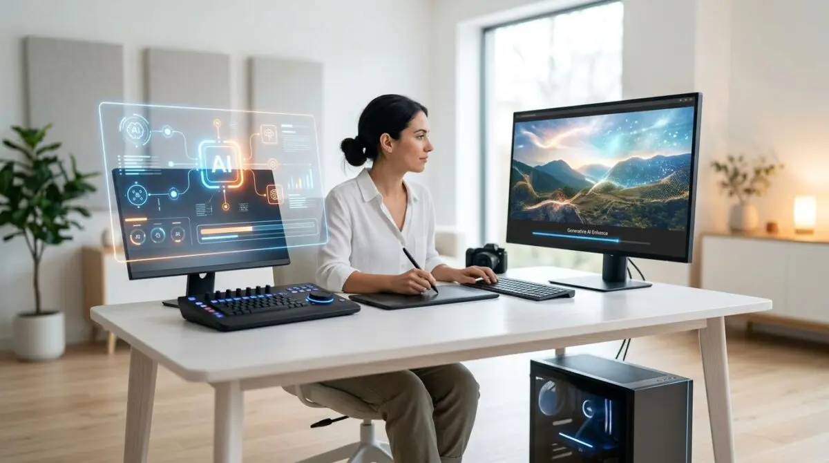 Woman uses AI in post-production for CGI enhancement, with futuristic interface.