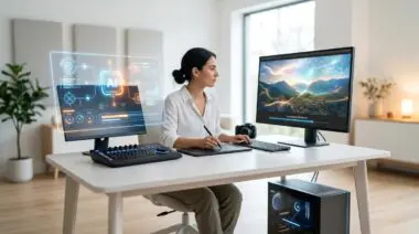 Woman uses AI in post-production for CGI enhancement, with futuristic interface.