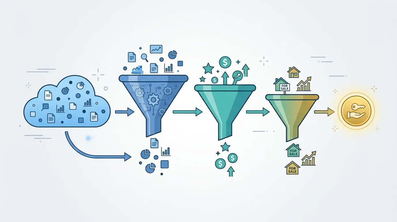 Predictive modeling funnel for AI property valuation and lead generation, identifying high probability sellers.