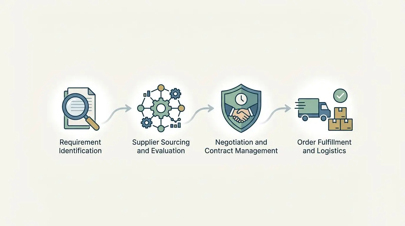 AI workflow for procurement: Requirement Identification, Supplier Sourcing, Negotiation, and Order Fulfillment.