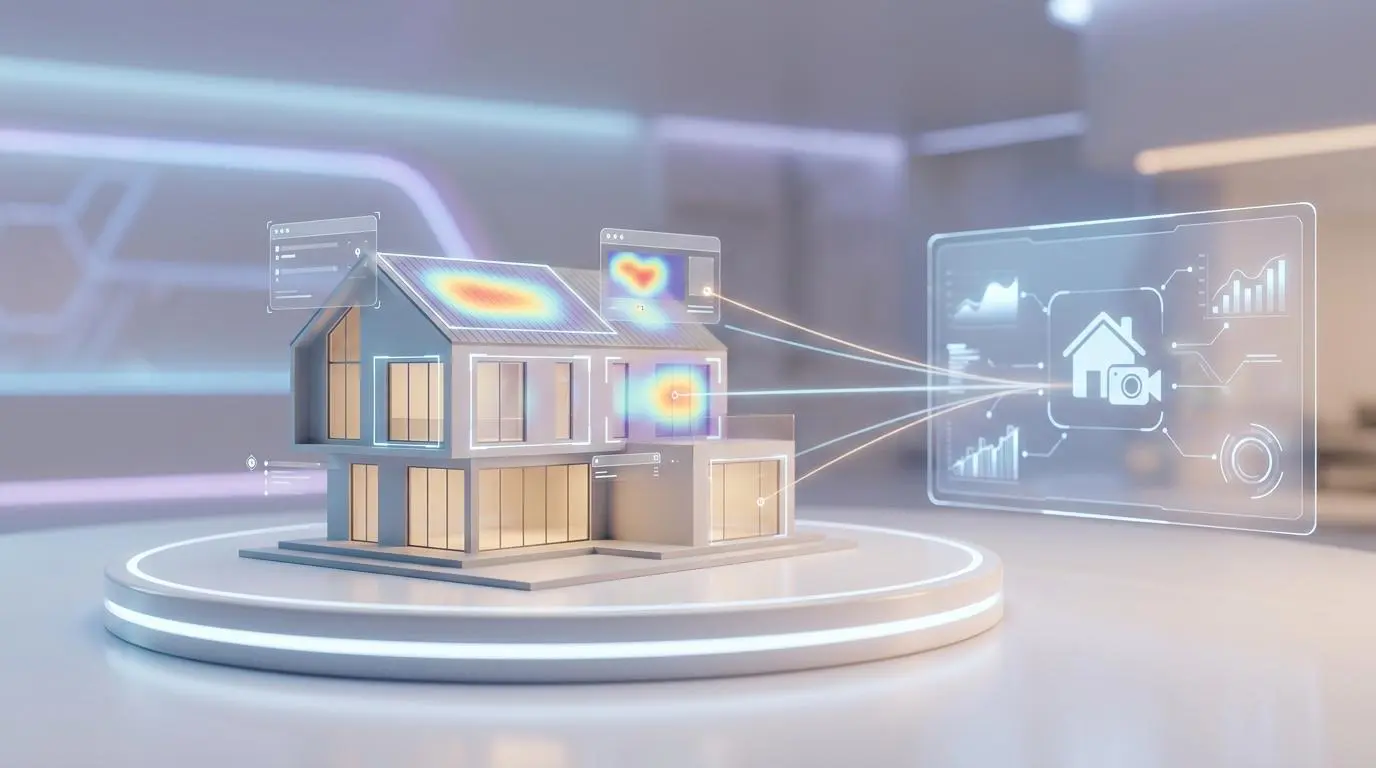 AI computer vision for property appraisal, showcasing heatmaps on a house model for valuation.