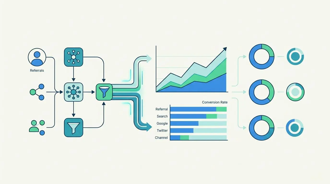AI Referral Conversion Quality Data Visualization Dashboard shows referral traffic flow and conversion rates. Compare SEO and GEO.