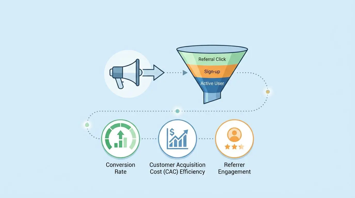 Funnel diagram illustrating AI referral conversion metrics: Referral Click, Sign-up, Active User.