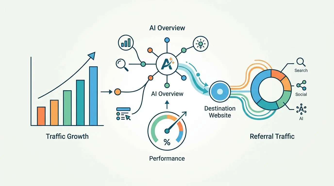 AI overview of referral traffic growth performance dashboard, visualizing search and social data. By Andres SEO Expert.