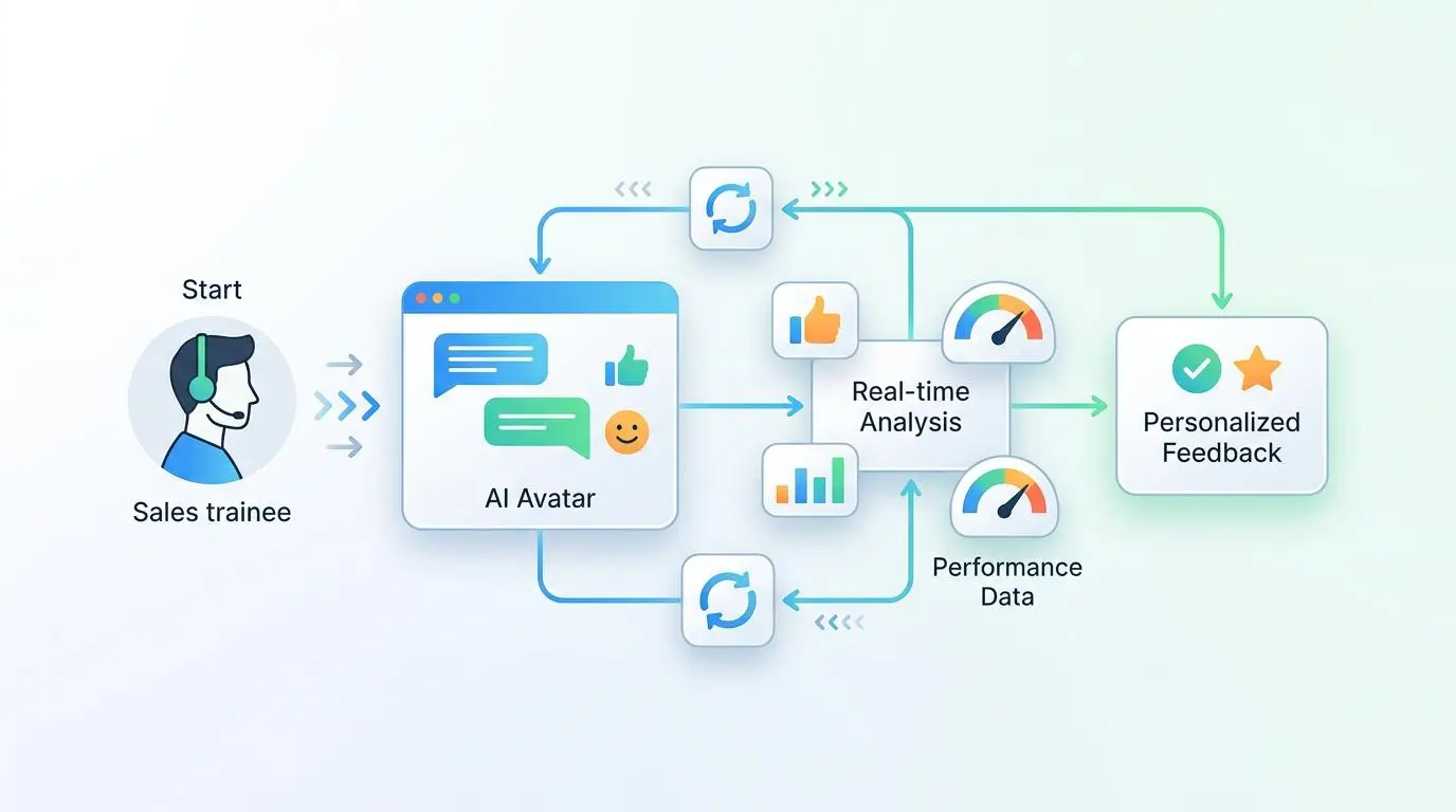 Sales trainee interacts with AI avatar for automated practice, receiving real-time analysis and feedback.