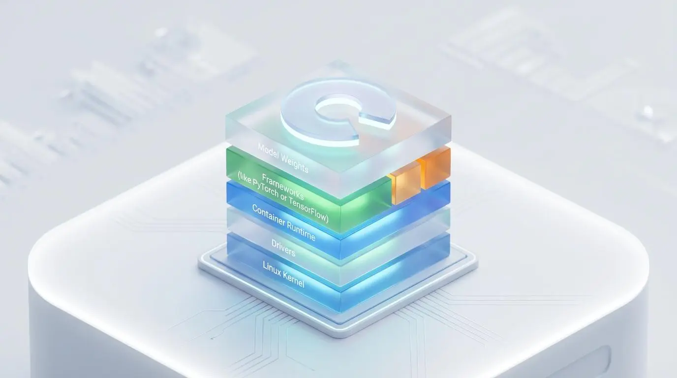 Stack of software layers for AI models, including Linux Kernel, Drivers, Container Runtime, Frameworks, and Model Weights, optimized for AMD Instinct AI Accelerators.