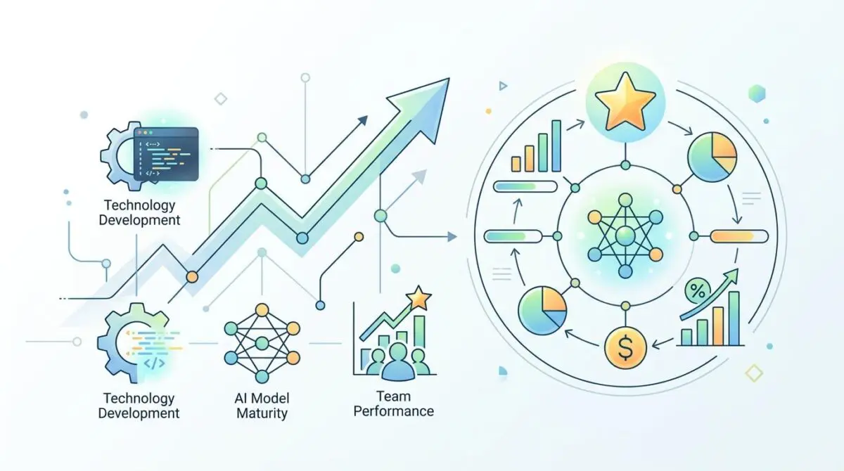 Visualizing AI startup growth: technology development, AI model maturity, team performance, and VC pitch success.