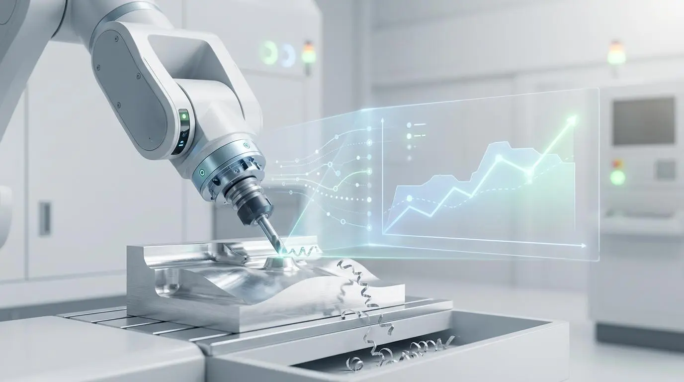 Robotic arm with data visualization predicting stock removal for restaurant POS syncing.