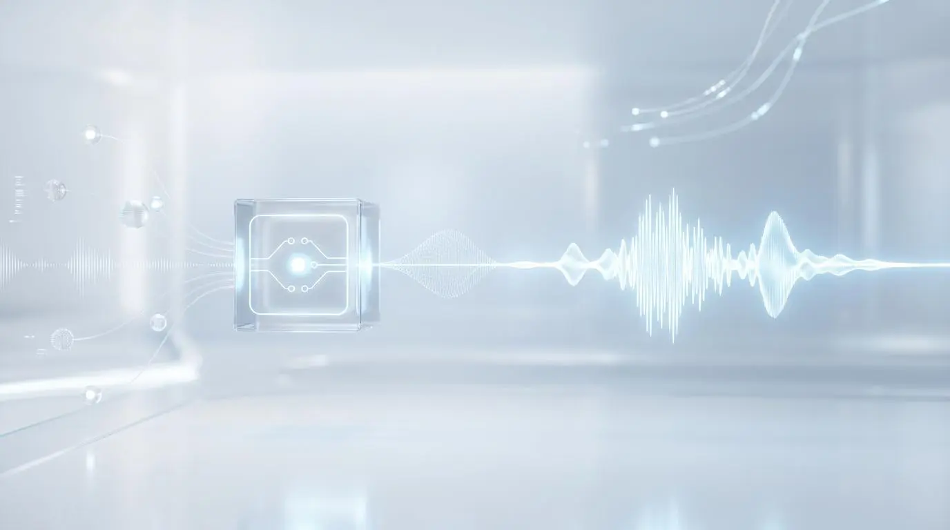 AI synth voice generation creating an audio waveform from a central processing cube.