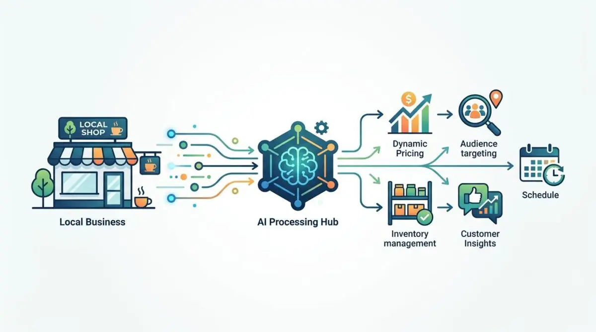 Local business AI tools: AI Processing Hub drives dynamic pricing, audience targeting, inventory management, customer insights, and scheduling.
