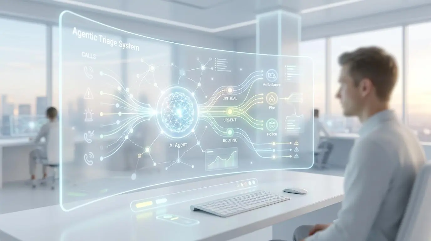 AI agentic triage system interface displaying emergency calls routed to ambulance, fire, police. AI for Traffic Management.
