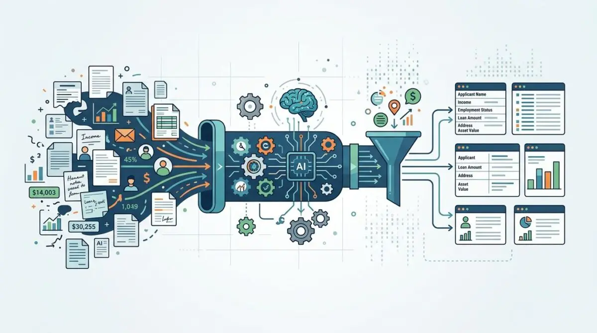 Visualizing automated extraction of unstructured loan data using AI and LLMs for financial analysis.