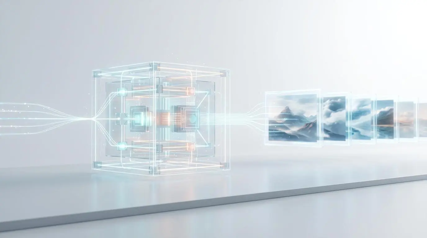 Advanced AI video generation engine processing data into scenic landscapes.