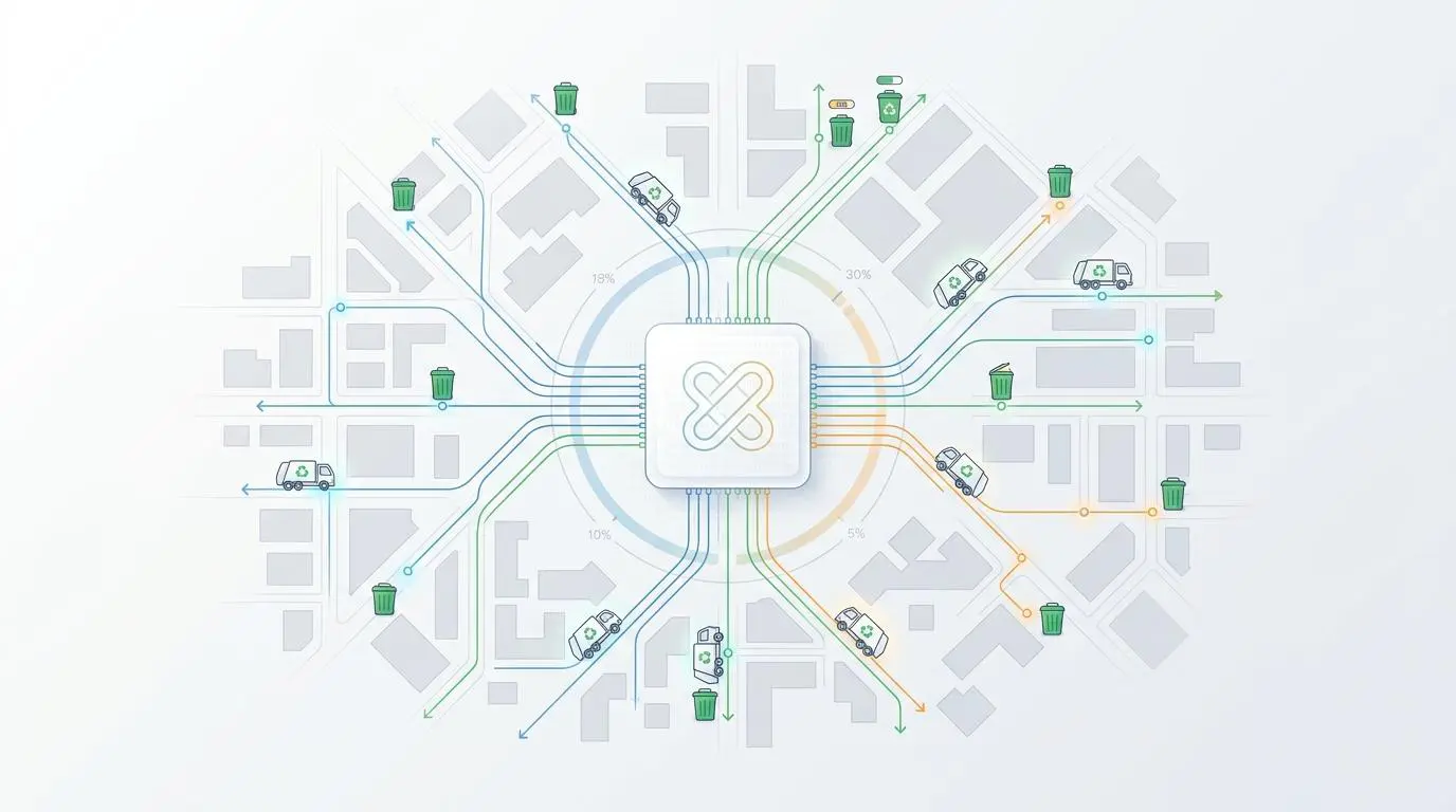 AI predictive routing for waste collection routes shown on a city map with trash bins and garbage trucks.