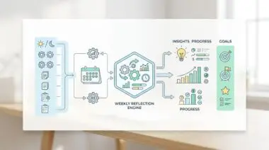 Weekly reflection engine diagram illustrating AI analysis of tasks for instant automated generation of productivity journals.