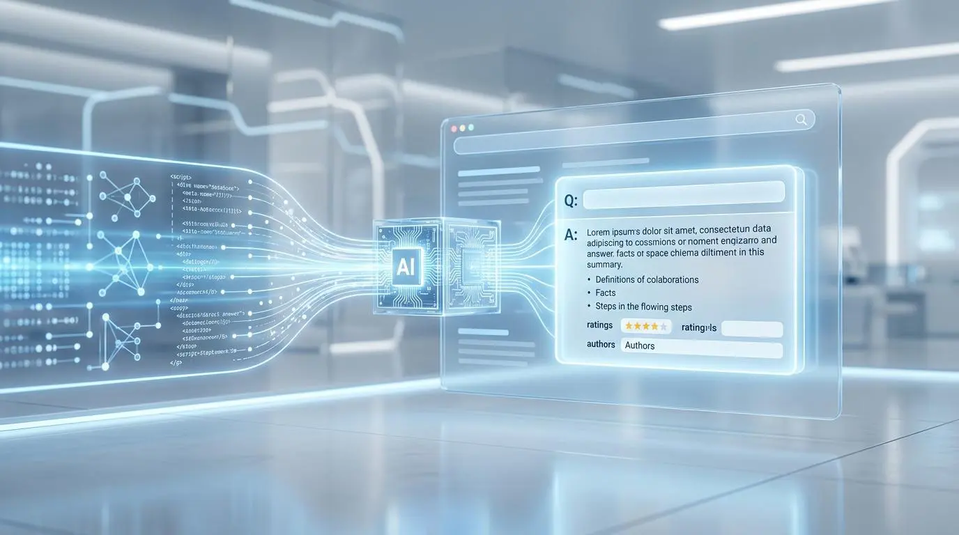 AI processes code for direct answer schema markup, enhancing AI in search optimization.