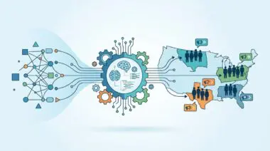 Artificial intelligence visually depicted processing data to target voters across a US map for political campaigns and fundraising.