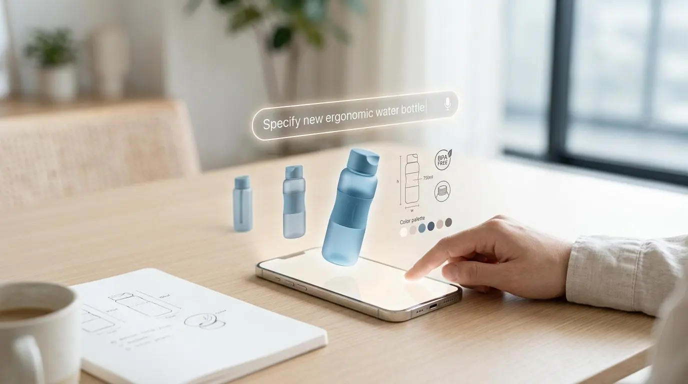 AI-powered natural language interface for specifying custom ergonomic water bottles in prototyping.