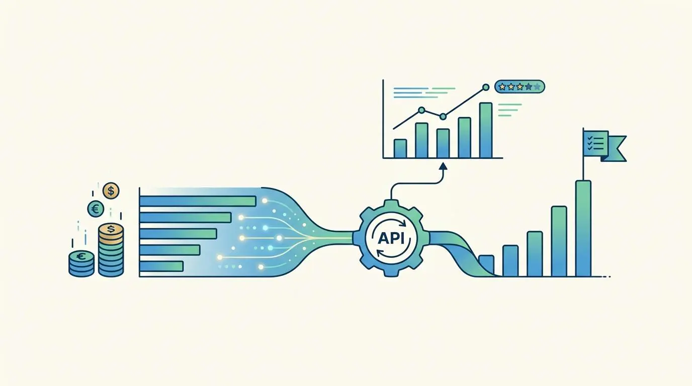 Illustration showing coins, data flow into API, and growth charts, representing translation economics and API adoption benchmarks for international link building.