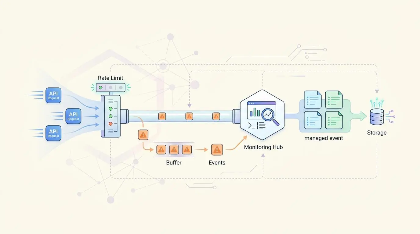 Diagram illustrating API rate limit telemetry event management for real-time HubSpot lead scoring.