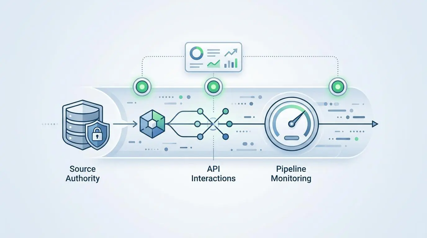 API driven source authority and pipeline monitoring infographic for ChatGPT optimization.