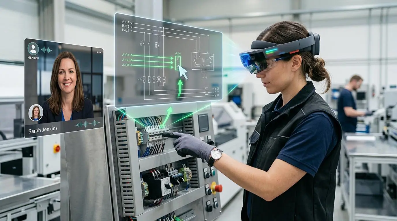 Field technician uses AR headset for augmented reality mentorship on optimizing operations with modern software.