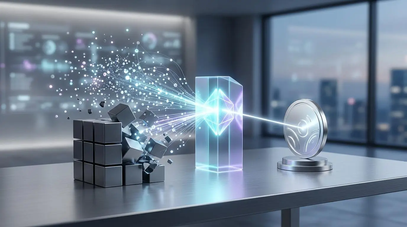 Abstract cubes deconstructing into light streams interacting with a prism, symbolizing cost reduction via agentic RAG.