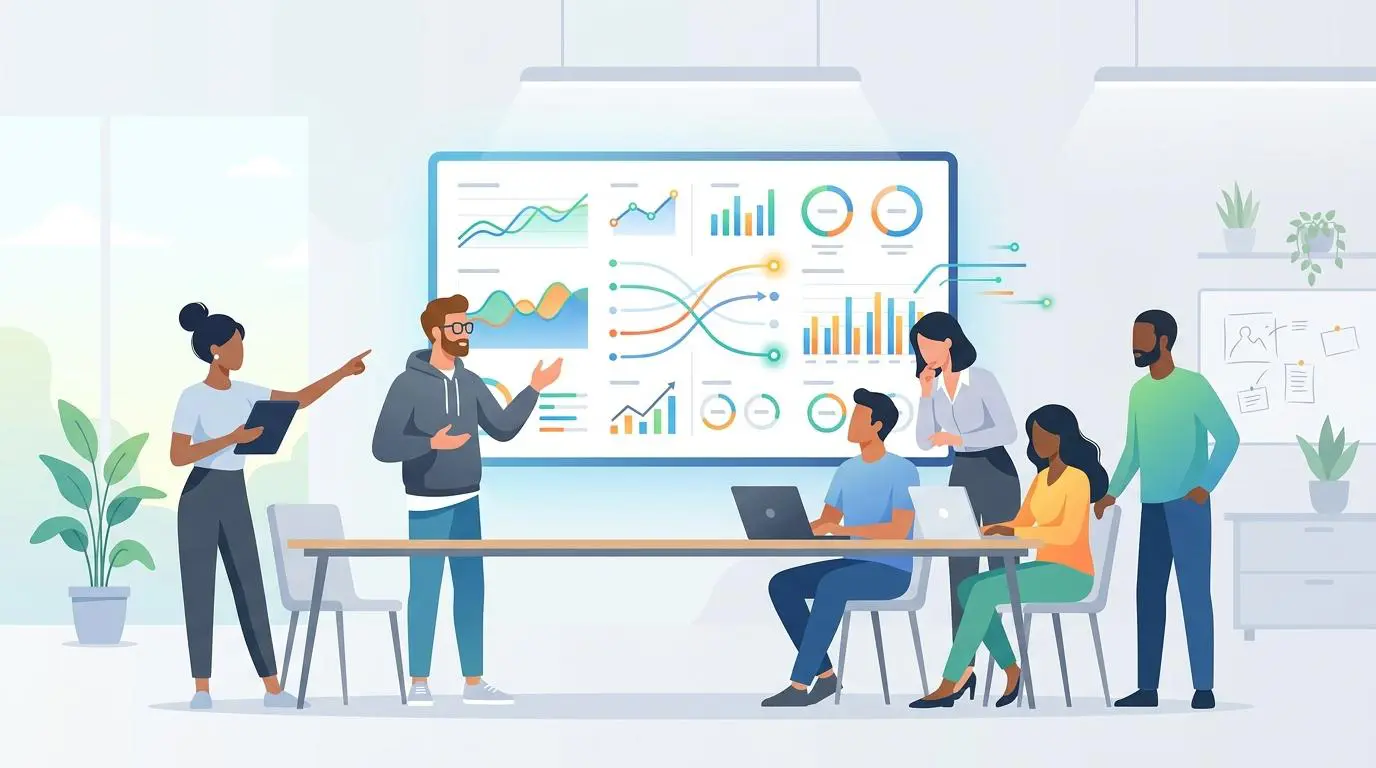 Agile team analyzing real-time data dashboards, mirroring military strategy in business.