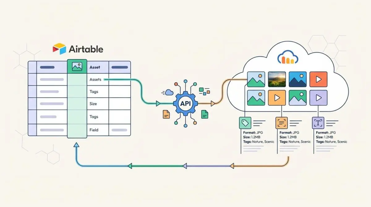 Airtable database connects via API to Cloudinary for automated EXIF metadata generation.