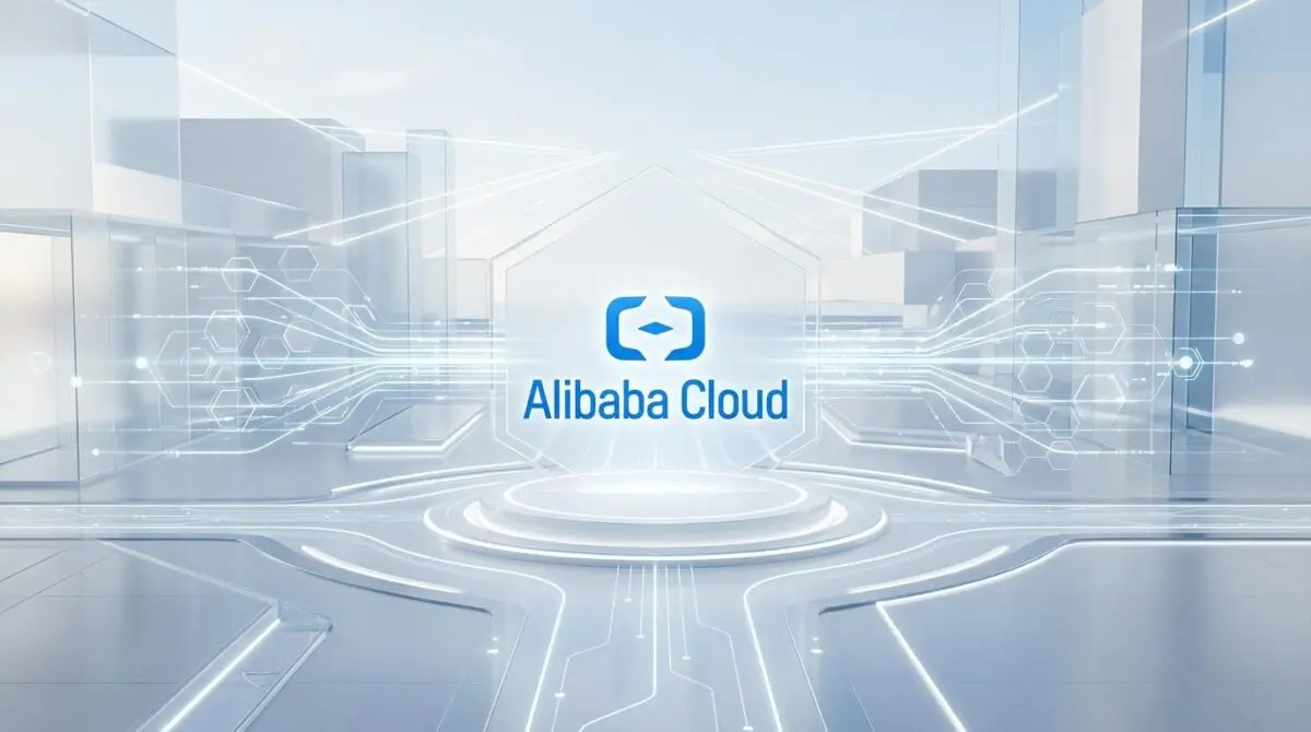 Alibaba Cloud Tongyi Qianwen AI architecture with futuristic digital network and cityscape.